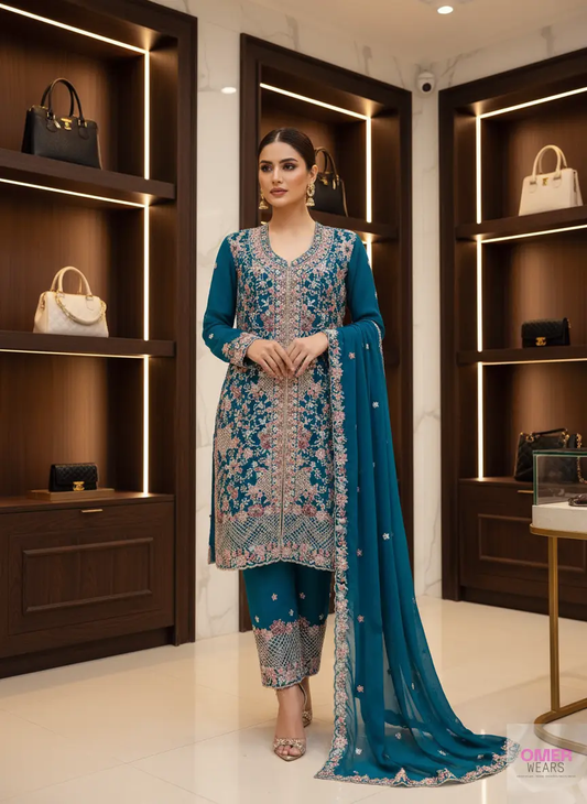 Partywear Semi-Stitched Dress with Thread, Zari, and Stone Work Embellishments