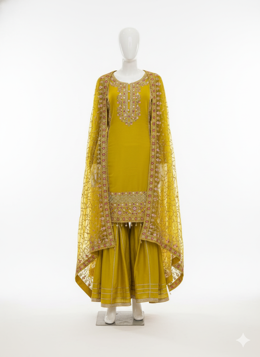 Yellow Gharara with Heavy Dupatta - Classy Cutwork Suit for Special Occasions