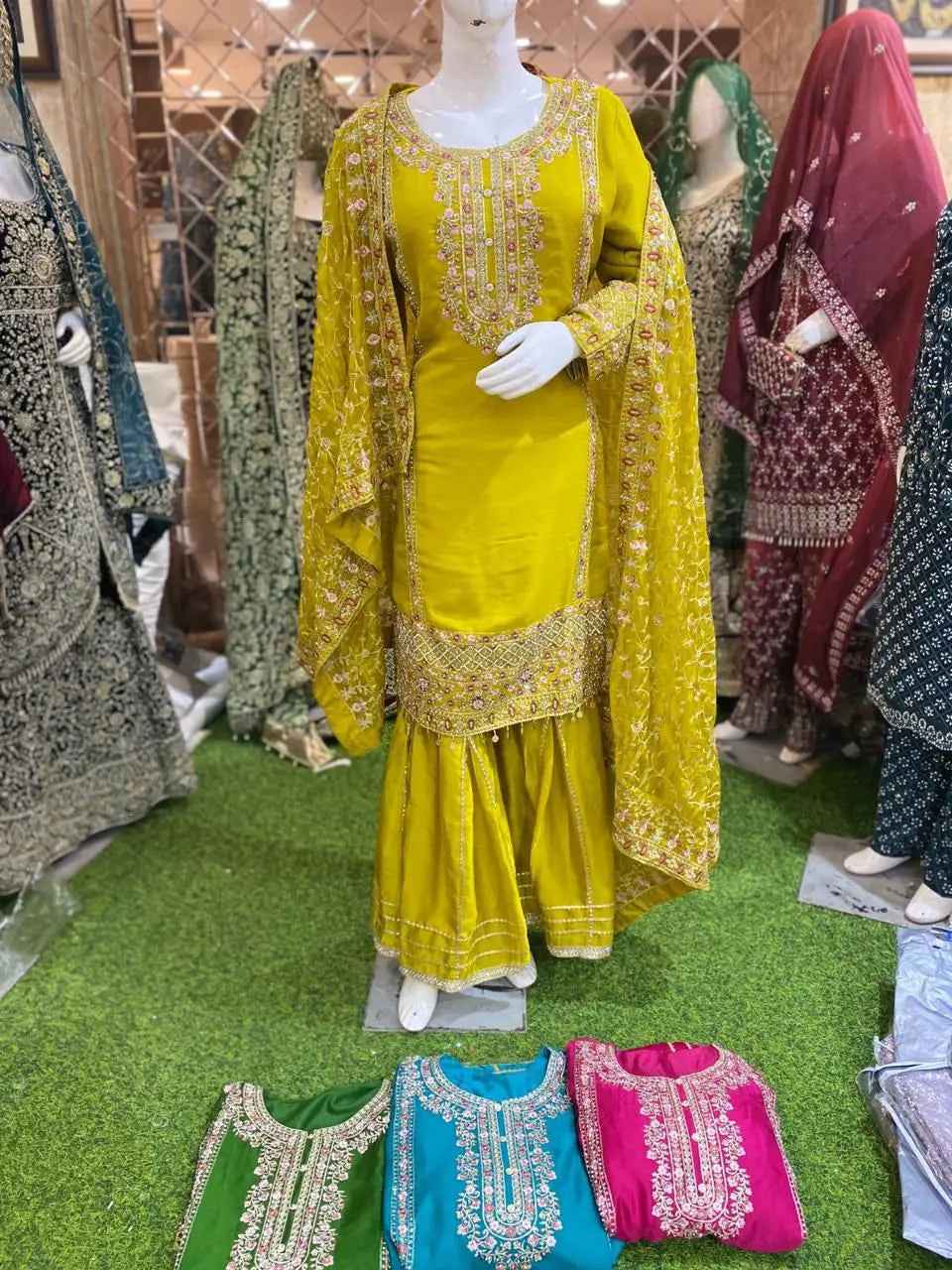 YELLOW CLASSY CUTWORK GHARARA PATTERN HAND CRAFTED WITH HEAVY DUPATTA FOR SPECIAL OCCASSIONS