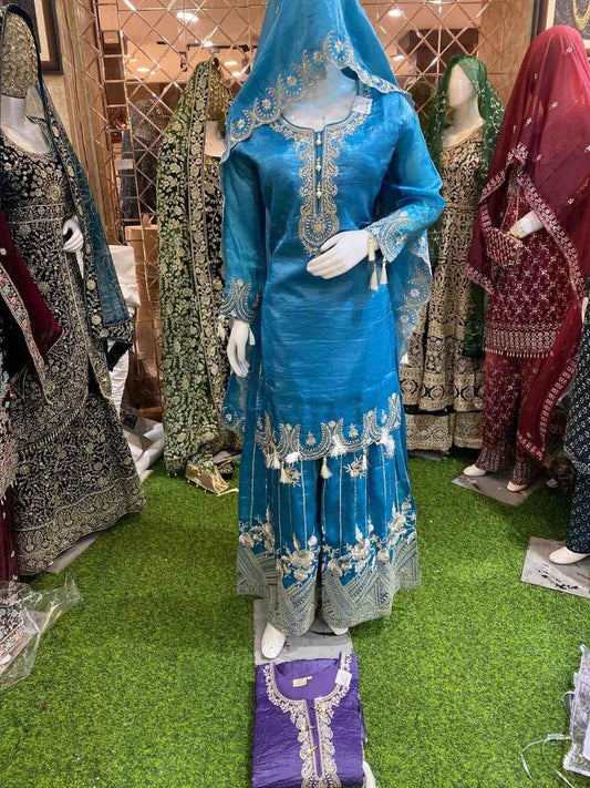 BLUE CLASSY CUTWORK GHARARA PATTERN HAND CRAFTED WITH HEAVY DUPATTA FOR SPECIAL OCCASSIONS