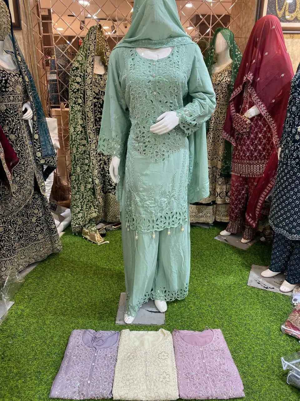 SEAGREEN BLUE CLASSY CUTWORK GHARARA PATTERN HAND CRAFTED WITH HEAVY DUPATTA FOR SPECIAL OCCASSIONS