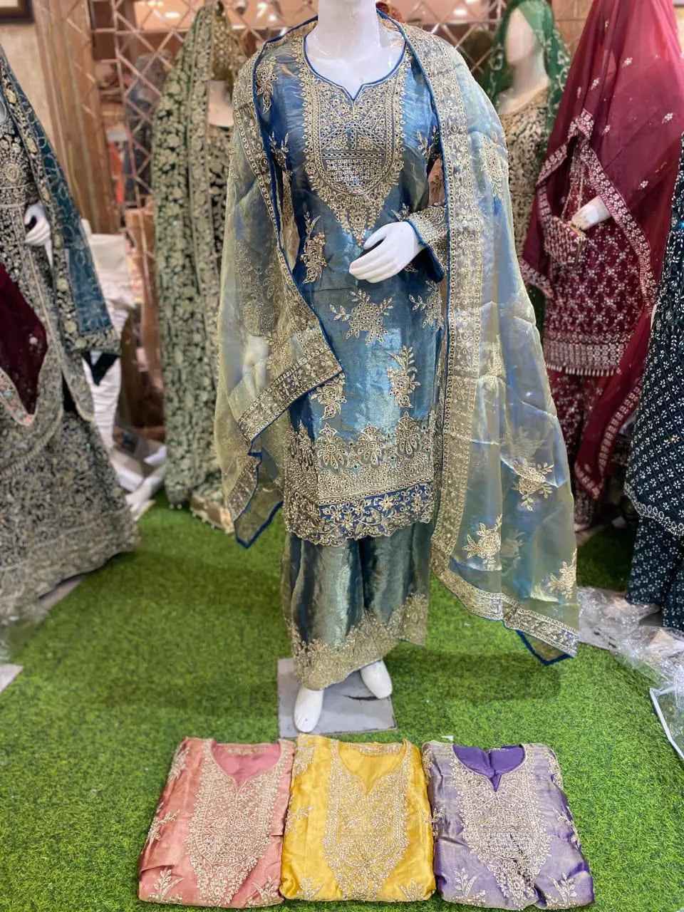 TISSUE FABRIC PLAZZAO WITH PAKISTANI NECK OR HEAVY DUPATTA FOR WEDDING & OCCASSION SKYBLUE