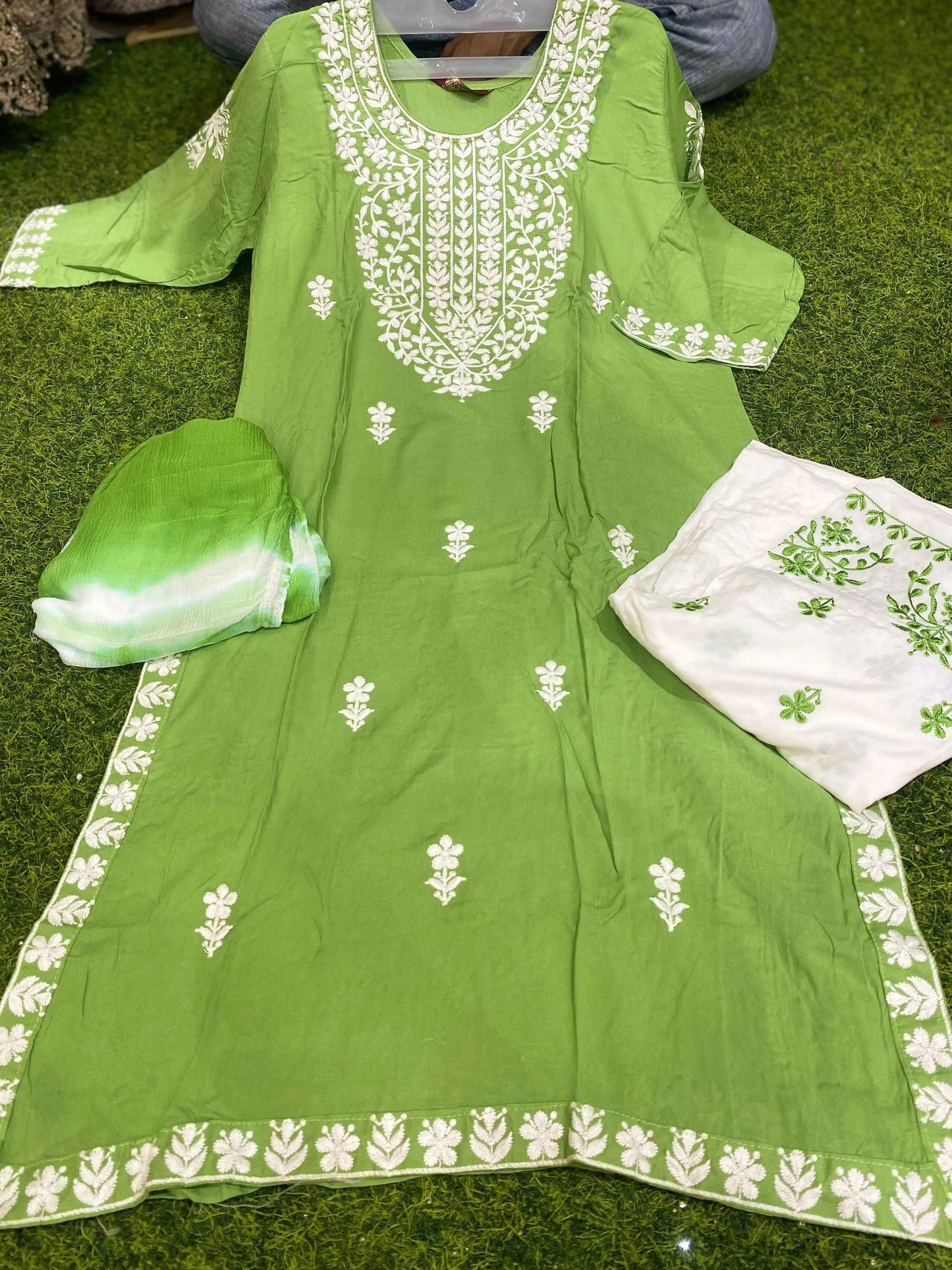 RAYON FABRIC LONG 45 INCHES SHAHI LUCKNOWI KURTI WITH PLAZZO AND DUPATTA