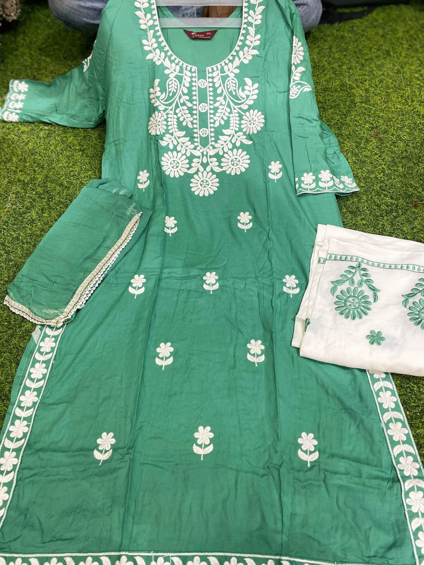 RAYON FABRIC LONG 45 INCHES SHAHI LUCKNOWI KURTI WITH PLAZZO AND DUPATTA 🌿