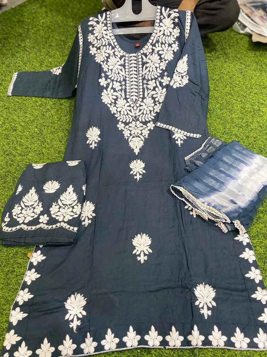 Rayon fabric lucknowi work with plazzo and dupatta 🕊️