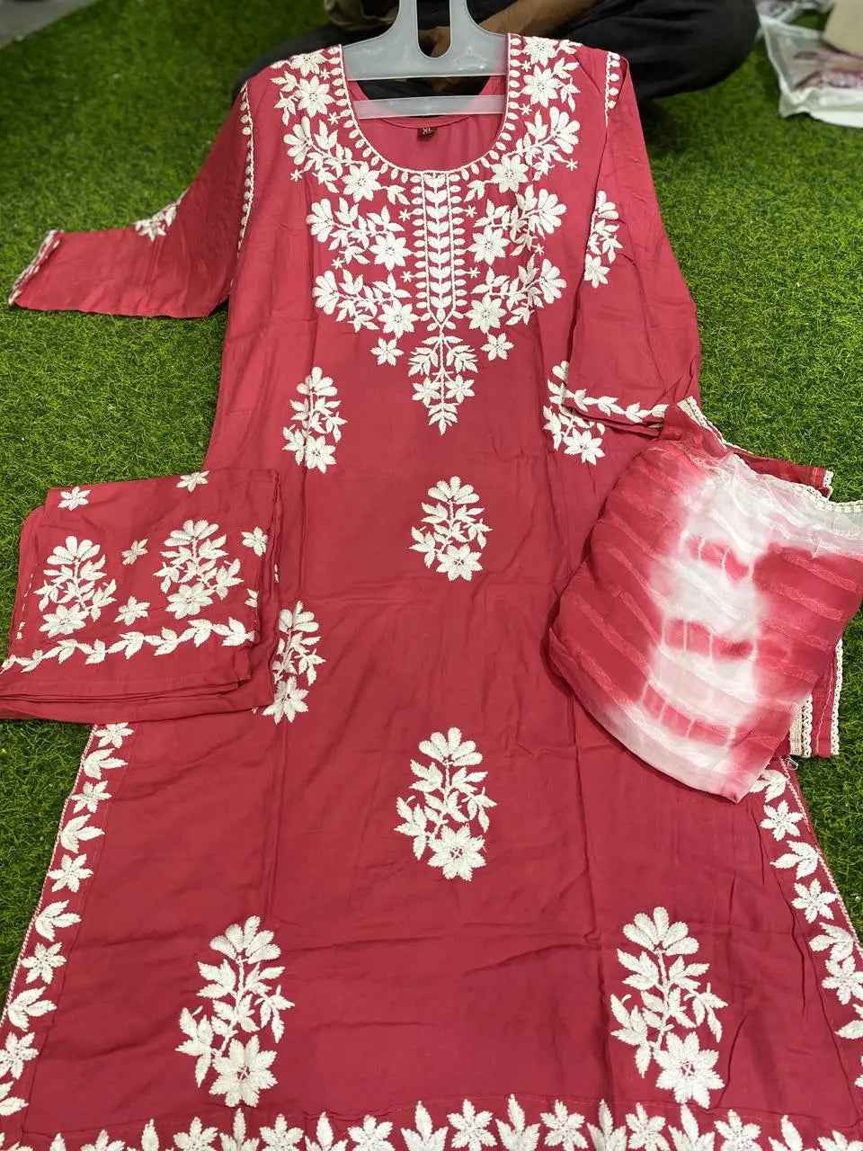 Rayon fabric lucknowi work with plazzo and dupatta 🕊️