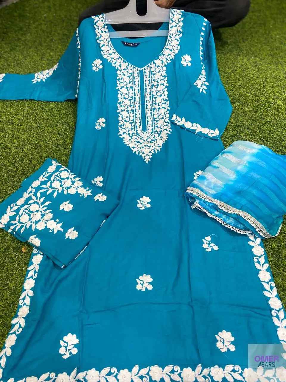 Rayon fabric lucknowi work with plazzo and dupatta 🕊️