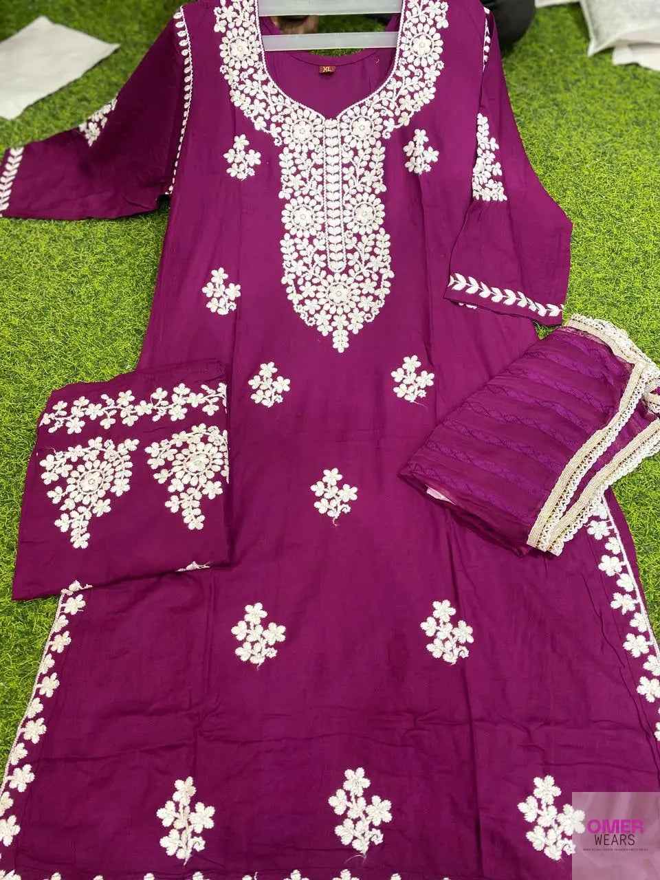 Rayon fabric lucknowi work with plazzo and dupatta 🕊️