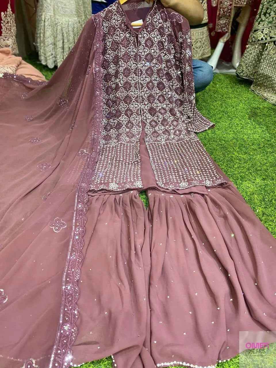 🌸 Elegant Shrug Alina Cut Party Wear with Gharara Bottom