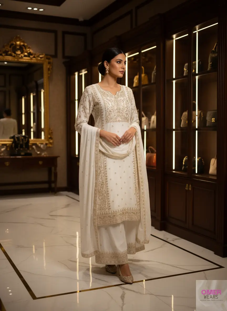 Partywear Semi-Stitched Dress with Thread Work, Zari Work, and Stone Embellishments