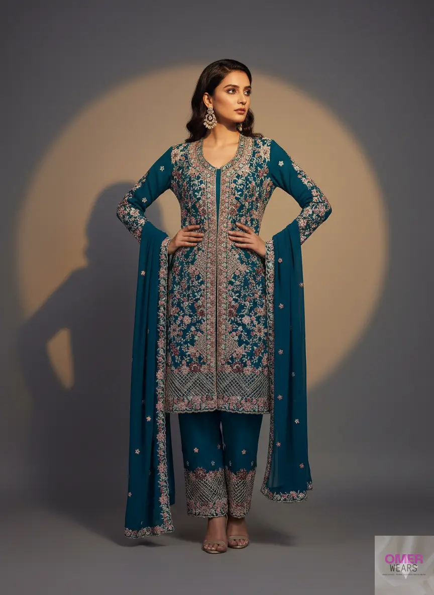 Partywear Semi-Stitched Dress with Thread, Zari, and Stone Work Embellishments