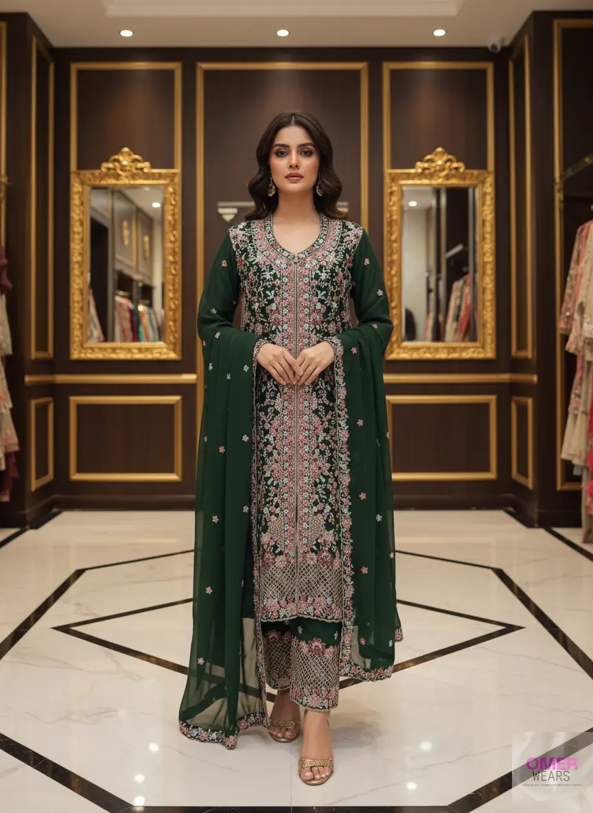 Partywear Semi-Stitched Dress with Thread, Zari, and Stone Work Embellishments