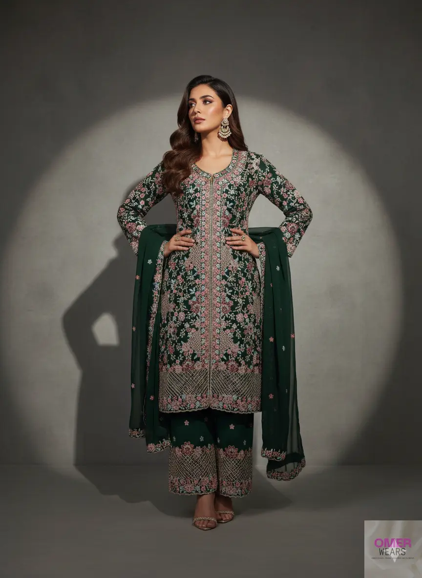 Partywear Semi-Stitched Dress with Thread, Zari, and Stone Work Embellishments