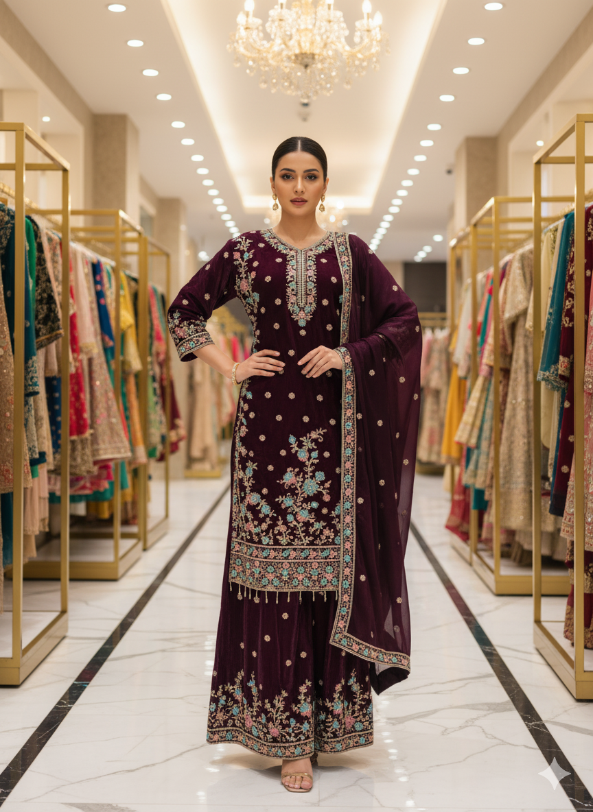 WINE COLOUR LONG SHIRT WITH PAKISTANI PANT