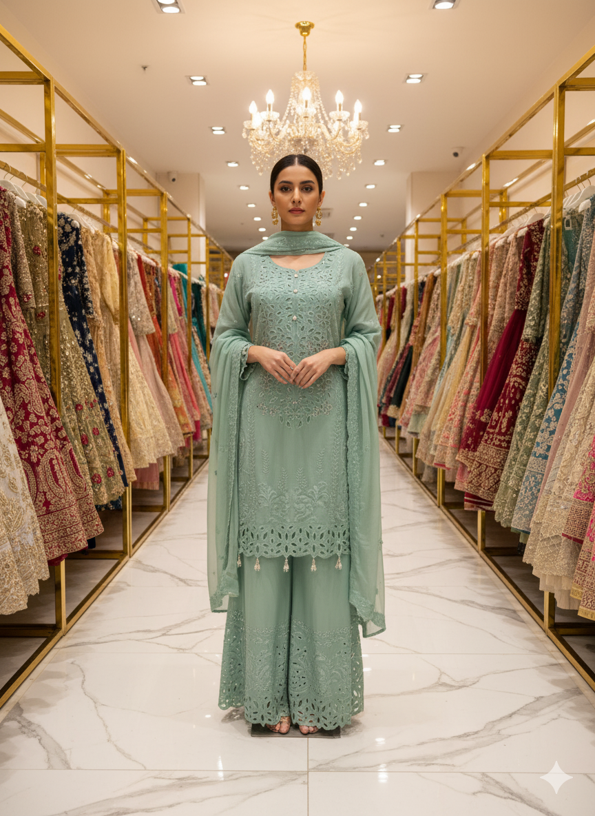 Seagreen Blue Gharara with Dupatta - Classy Cutwork Handcrafted for Special Occasions