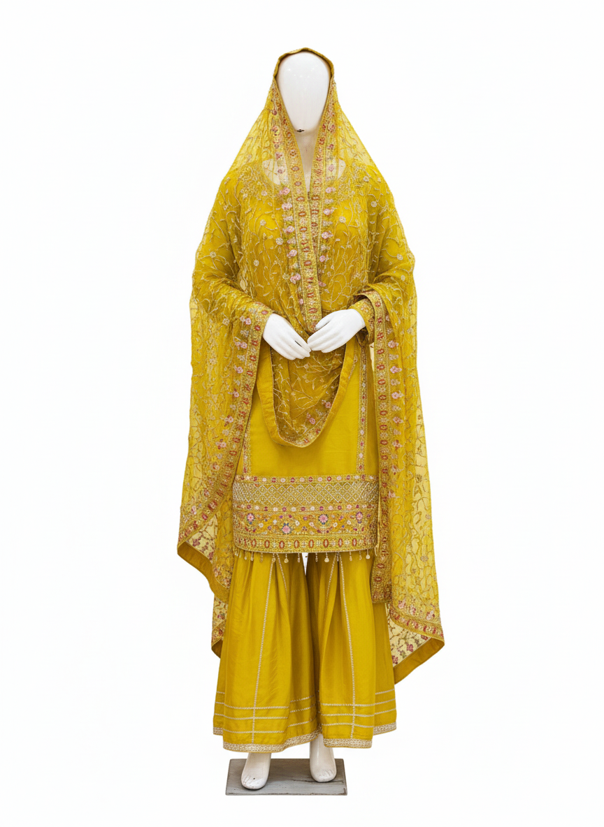Yellow Gharara with Heavy Dupatta - Classy Cutwork Suit for Special Occasions