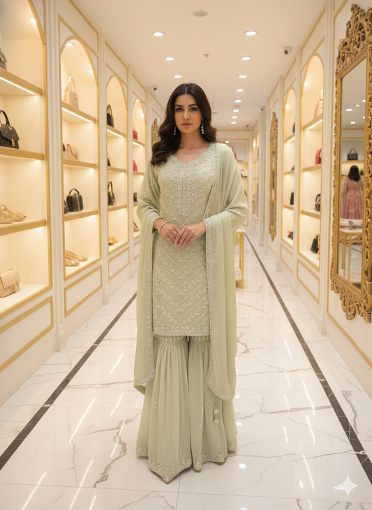 Chinon Fabric Beads Work Dress | Elegant Ethnic & Party Wear by OMER WEARS