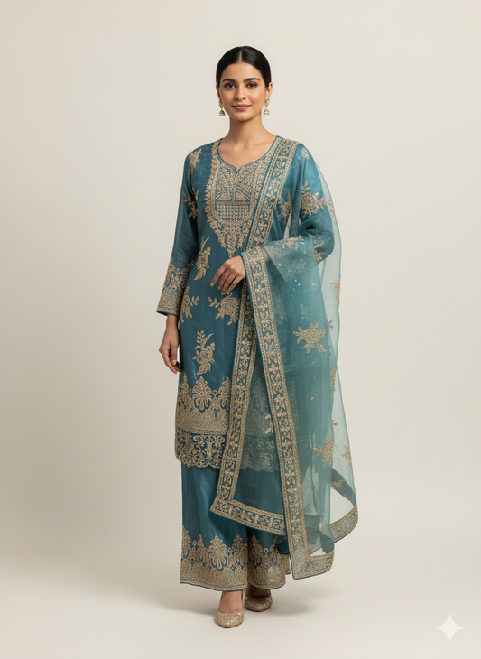 Tissue Fabric Plazzo Set with Pakistani Neck and Heavy Dupatta for Wedding & Occasion in Sky Blue
