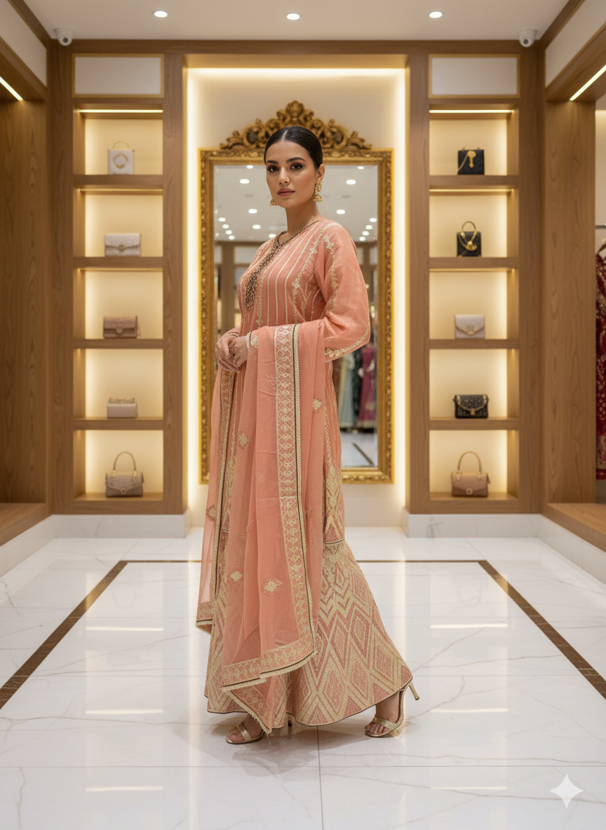 PEACH COLOR EXCLUSIVE PLAZZO WITH GOTA PATH WORK & RICH DETAILING