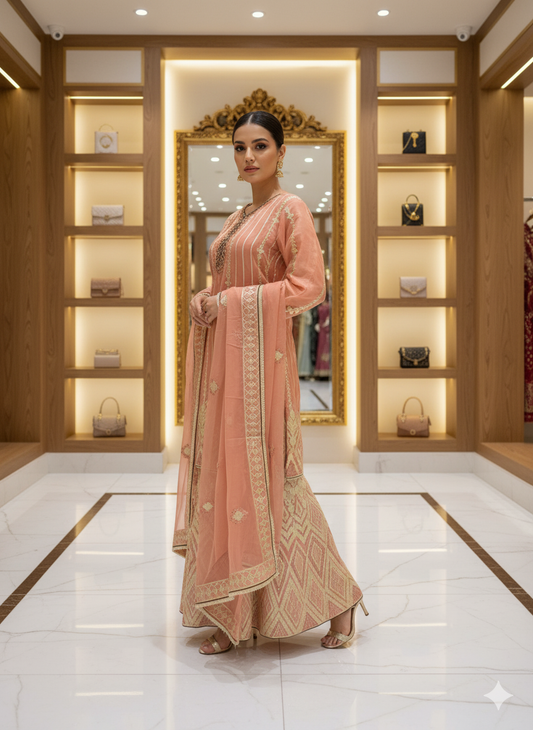 PEACH COLOR EXCLUSIVE PLAZZO WITH GOTA PATH WORK & RICH DETAILING