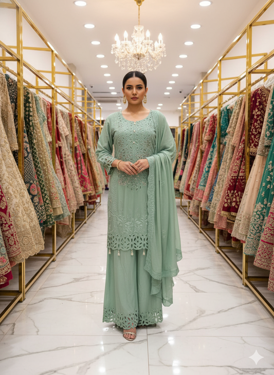 Seagreen Blue Gharara with Dupatta - Classy Cutwork Handcrafted for Special Occasions