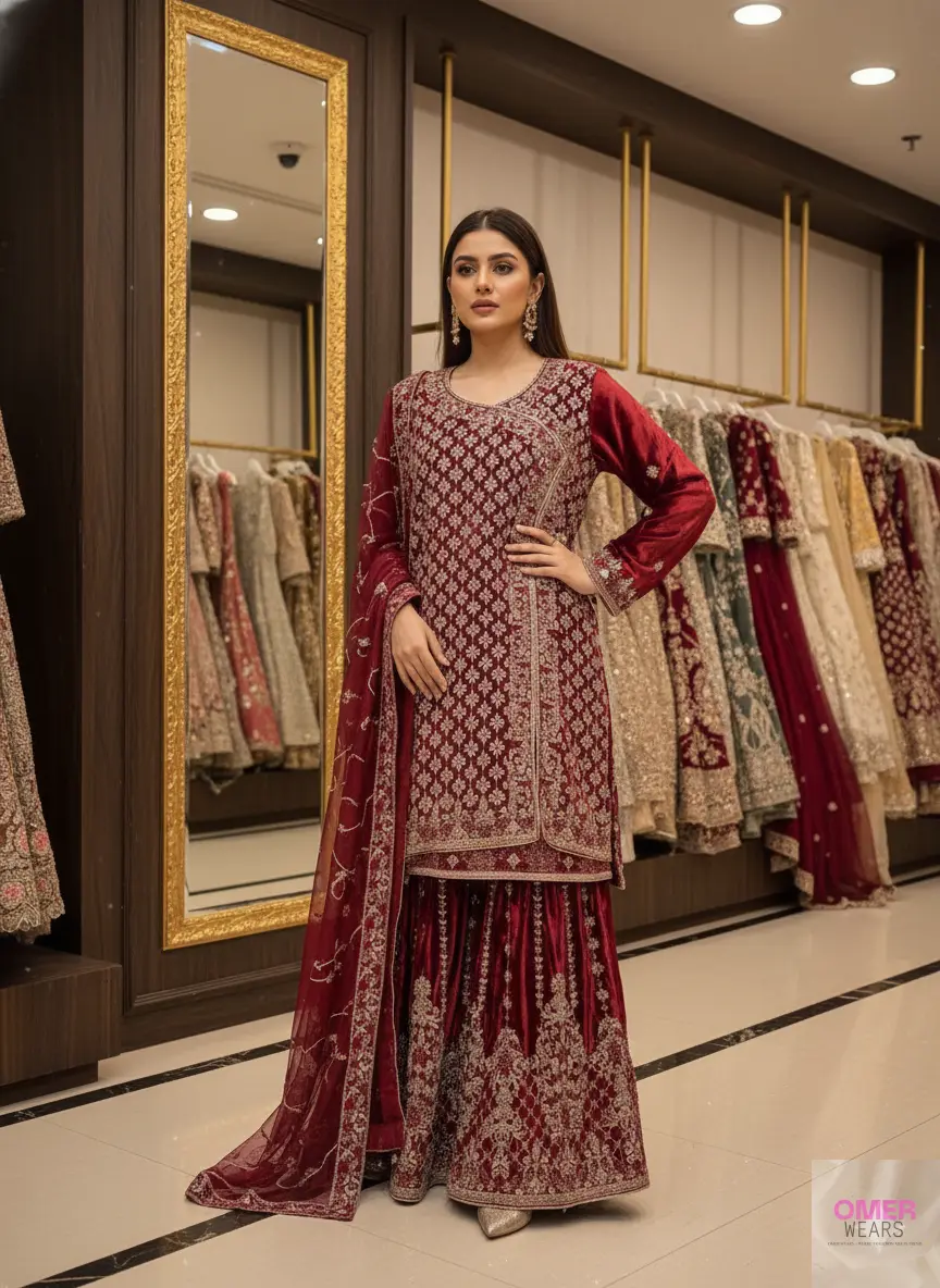 Partywear Semi-Stitched Dress with Thread Work, Zari, and Stone Embellishments