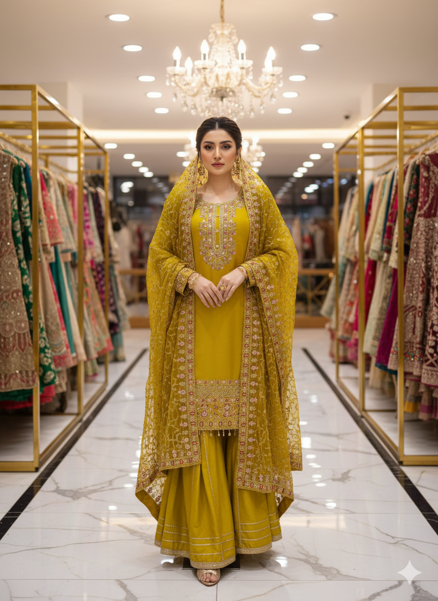Yellow Gharara with Heavy Dupatta - Classy Cutwork Suit for Special Occasions