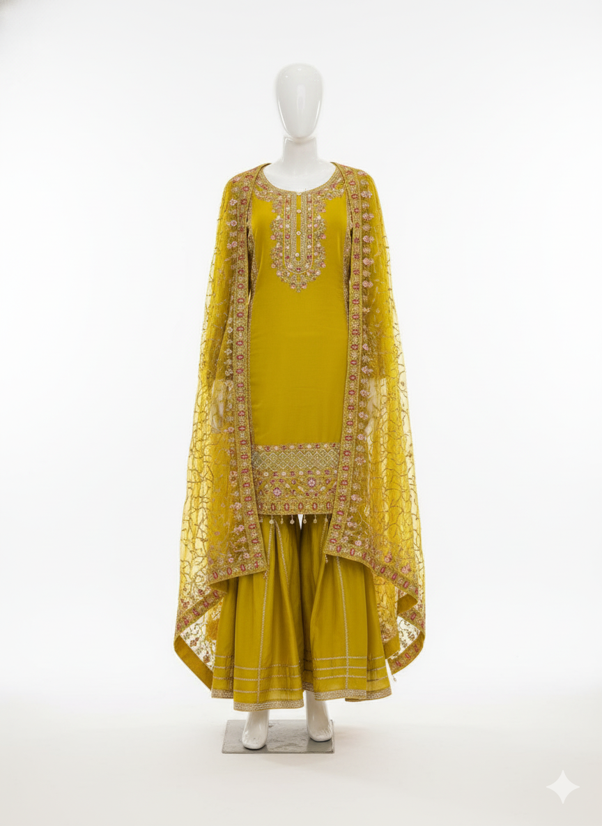 Yellow Gharara with Heavy Dupatta - Classy Cutwork Suit for Special Occasions