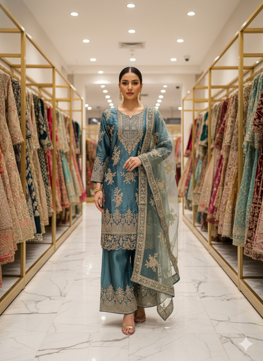 Tissue Fabric Plazzo Set with Pakistani Neck and Heavy Dupatta for Wedding & Occasion in Sky Blue