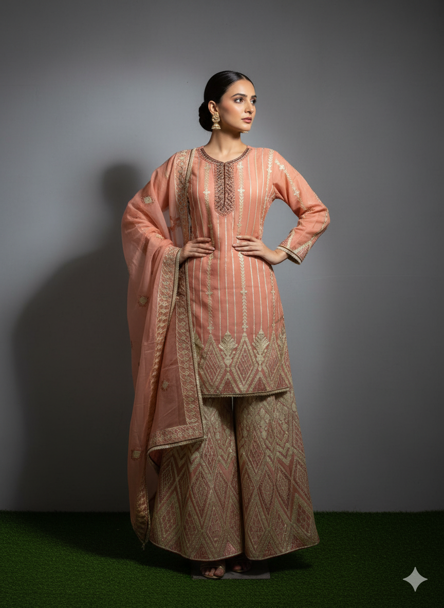 PEACH COLOR EXCLUSIVE PLAZZO WITH GOTA PATH WORK & RICH DETAILING