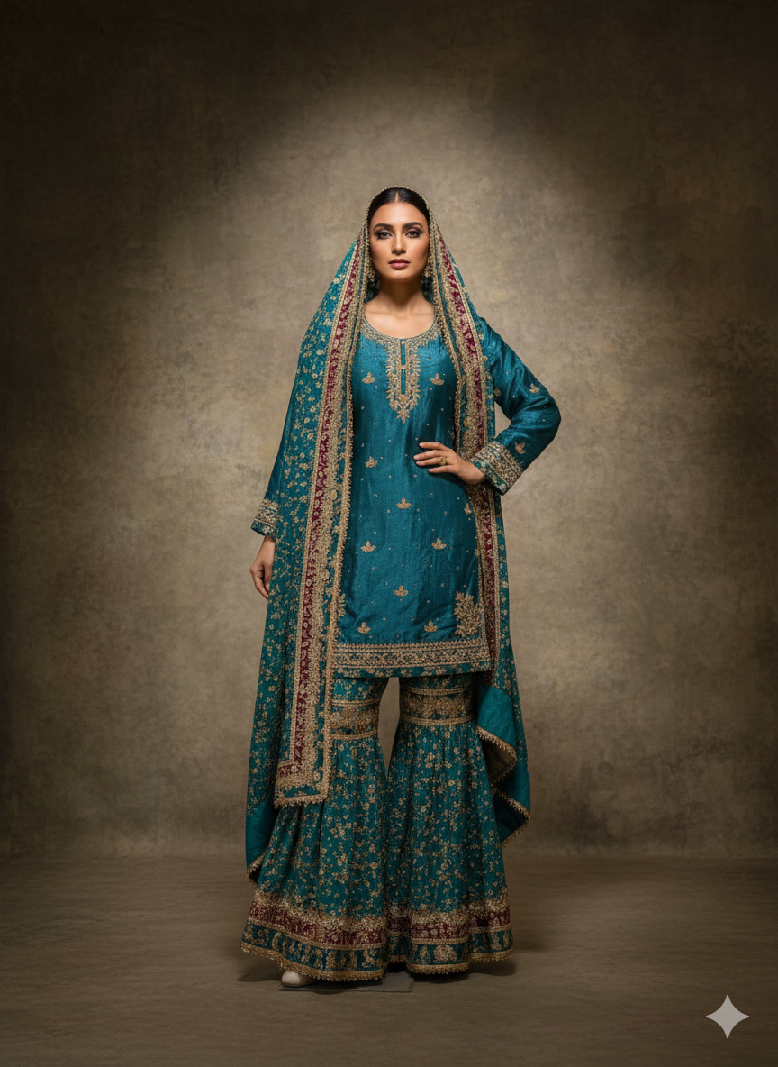 Dark Sky Blue Pakistani Suit with Intricate Heavy Dupatta Work - Made in India