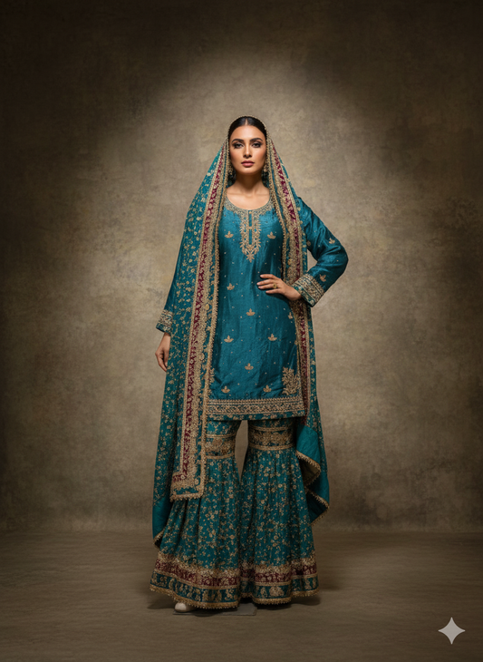 Dark Sky Blue Pakistani Suit with Intricate Heavy Dupatta Work - Made in India