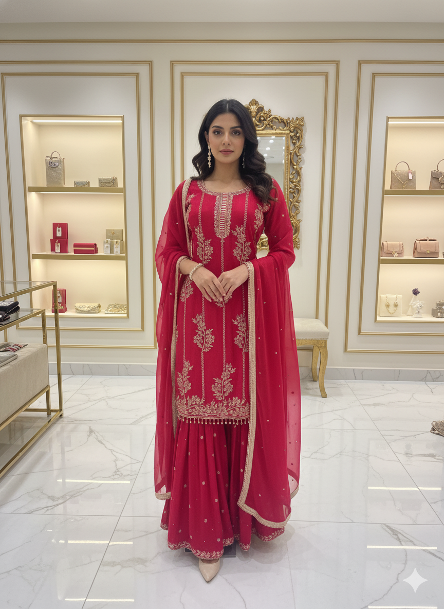 Chinon Fabric Beaded Dress | Elegant Ethnic Party Wear by OMER WEARS