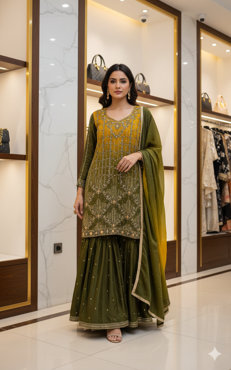 Party Wear Zardozi Gharara | Luxury Handcrafted Festive Dress