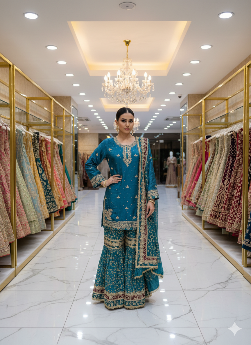 Dark Sky Blue Pakistani Suit with Intricate Heavy Dupatta Work - Made in India