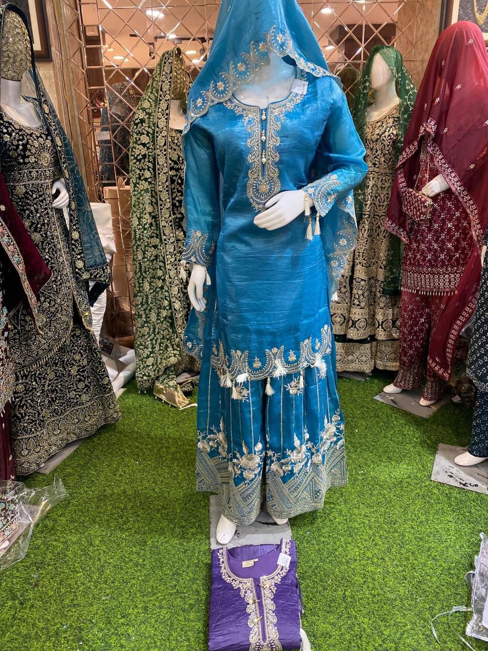 BLUE  CLASSY CUTWORK GHARARA PATTERN HAND CRAFTED WITH HEAVY DUPATTA FOR SPECIAL OCCASSIONS
