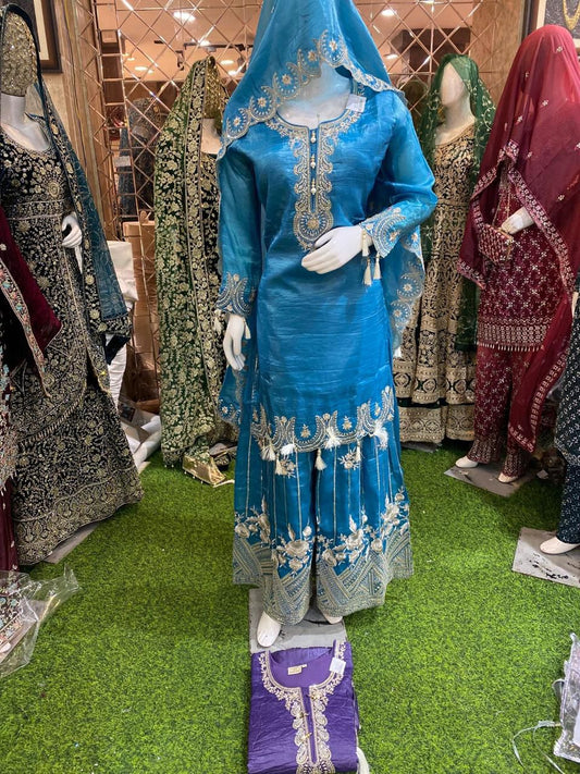 BLUE  CLASSY CUTWORK GHARARA PATTERN HAND CRAFTED WITH HEAVY DUPATTA FOR SPECIAL OCCASSIONS