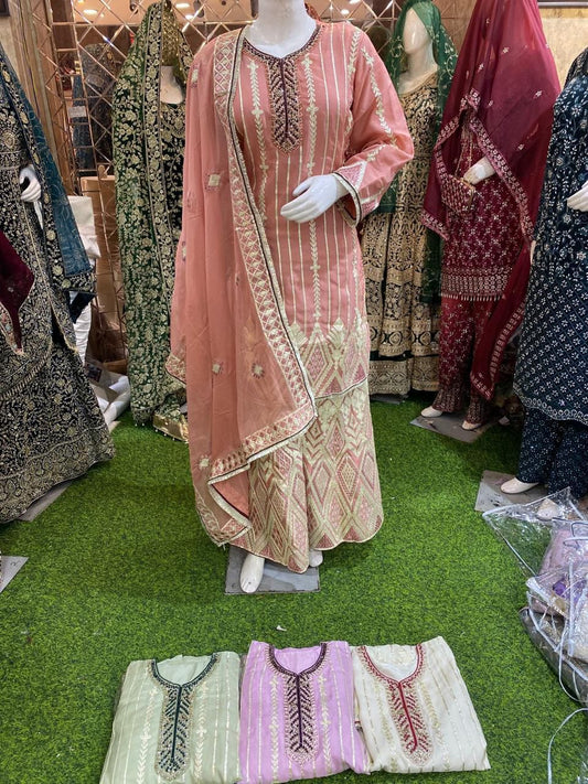 PEACH COLOR EXCLUSIVE PLAZZO WITH GOTA PATH WORK & RICH DETAILING