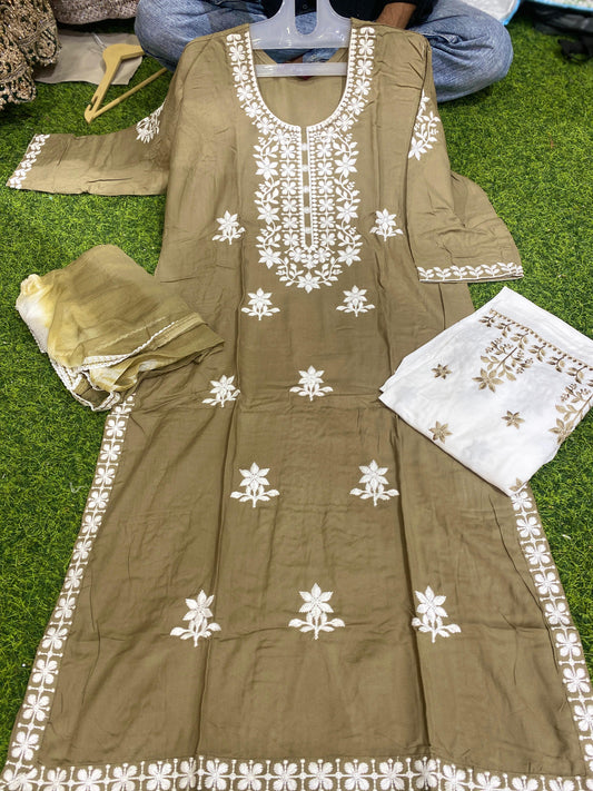 RAYON FABRIC LONG 45 INCHES SHAHI LUCKNOWI KURTI WITH PLAZZO AND DUPATTA 🌿