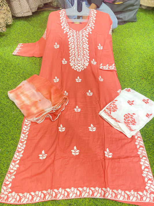 RAYON FABRIC LONG 45 INCHES SHAHI LUCKNOWI KURTI WITH PLAZZO AND DUPATTA 🌿