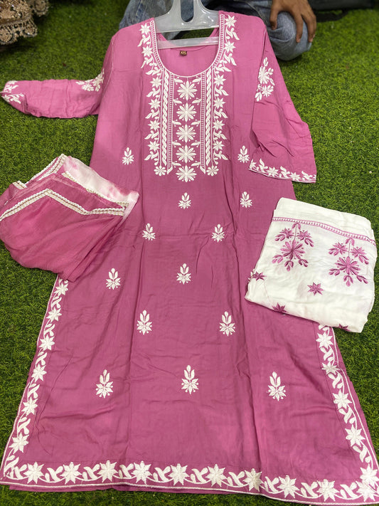 RAYON FABRIC LONG 45 INCHES SHAHI LUCKNOWI KURTI WITH PLAZZO AND DUPATTA 🌿