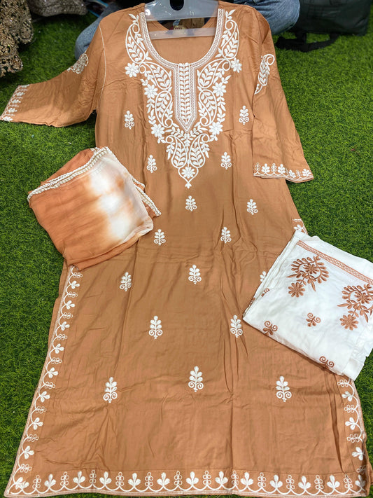 RAYON FABRIC LONG 45 INCHES SHAHI LUCKNOWI KURTI WITH PLAZZO AND DUPATTA 🌿