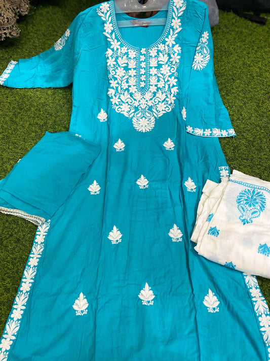 RAYON FABRIC LONG 45 INCHES SHAHI LUCKNOWI KURTI WITH PLAZZO AND DUPATTA 🌿