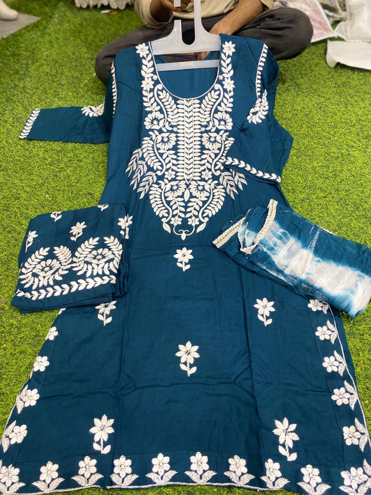 Rayon fabric lucknowi work with plazzo and dupatta 🕊️