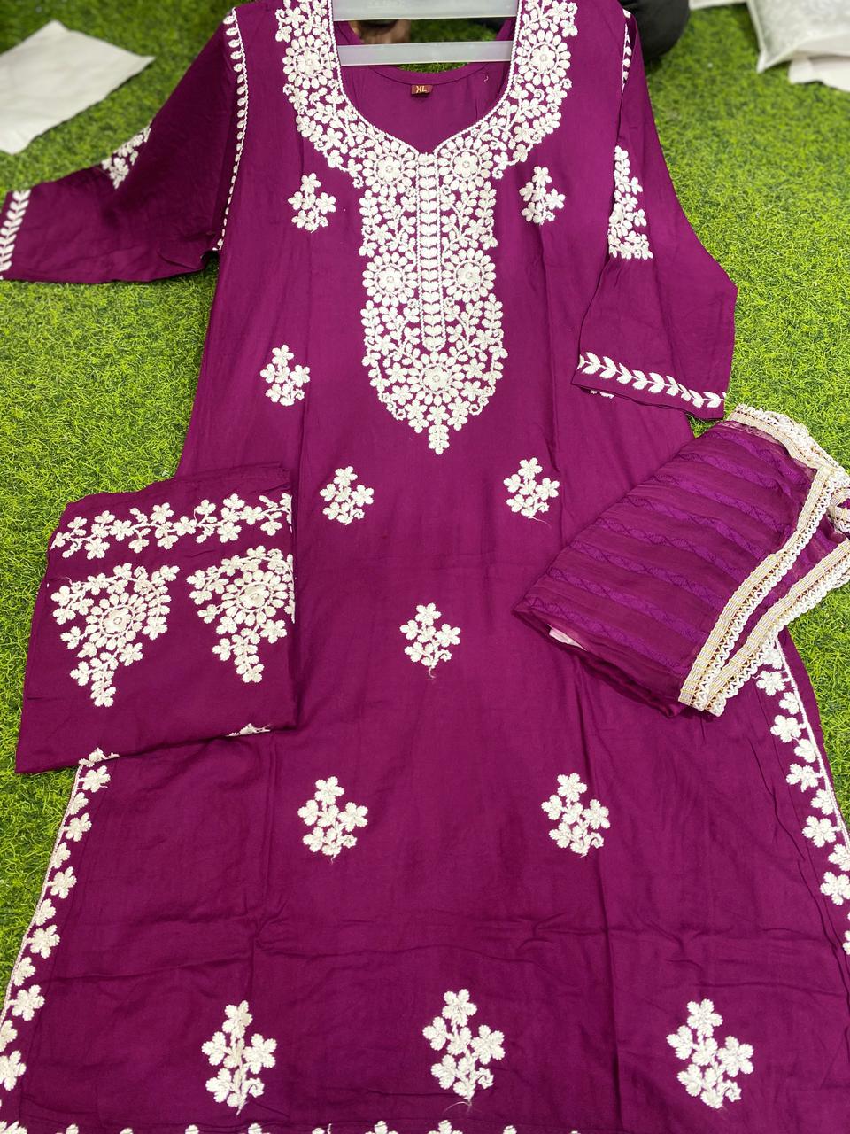 Rayon fabric lucknowi work with plazzo and dupatta 🕊️