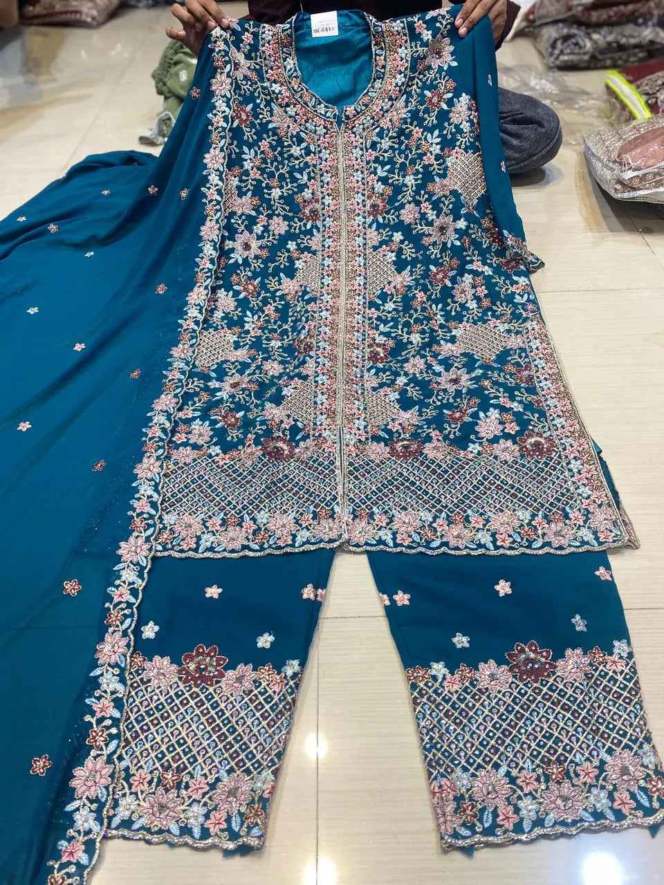 Partywear thread work zari work and stone work embellished designs Semi-Stitched 👗