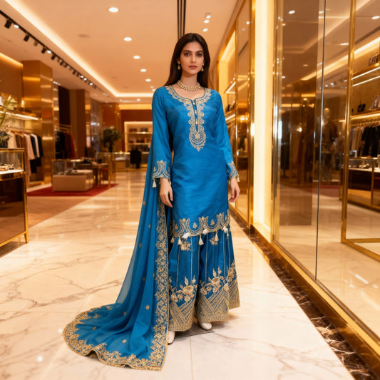 Blue Gharara with Heavy Dupatta - Classy Cutwork Handcrafted Design for Special Occasions